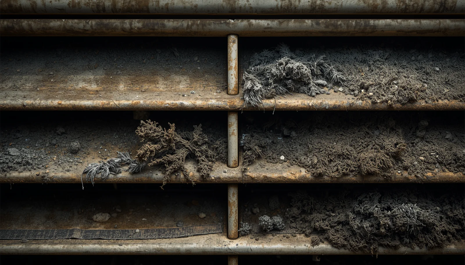 AC evaporator coil heavily clogged with dust before professional cleaning — Dhaka