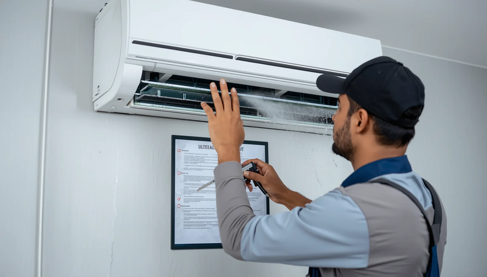 Technician from Reliable AC Service Ltd. performing deep AC coil cleaning in a Dhaka home