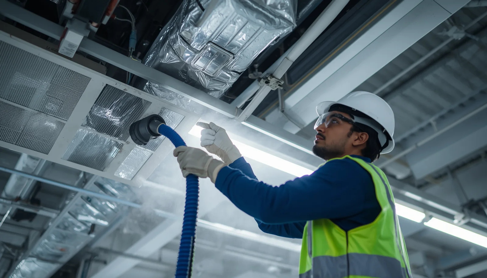AC duct cleaning process showing dust buildup inside ventilation system