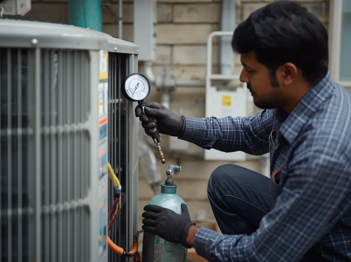 Reliable AC Service Ltd. technician performing AC gas refill service in Dhaka