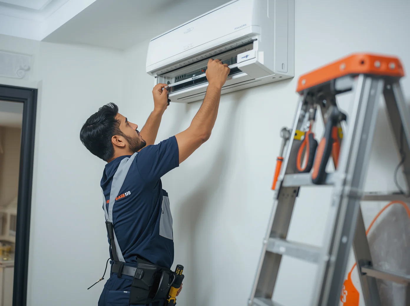 Reliable AC Service Ltd. technician installing split AC unit in Dhaka apartment