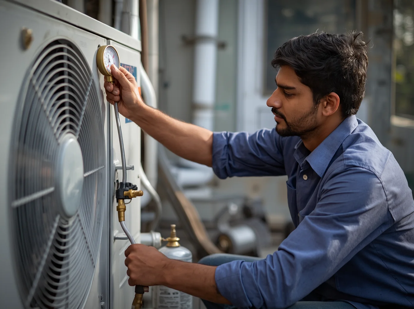AC technician checking refrigerant pressure with manifold gauge during gas refill in Dhaka