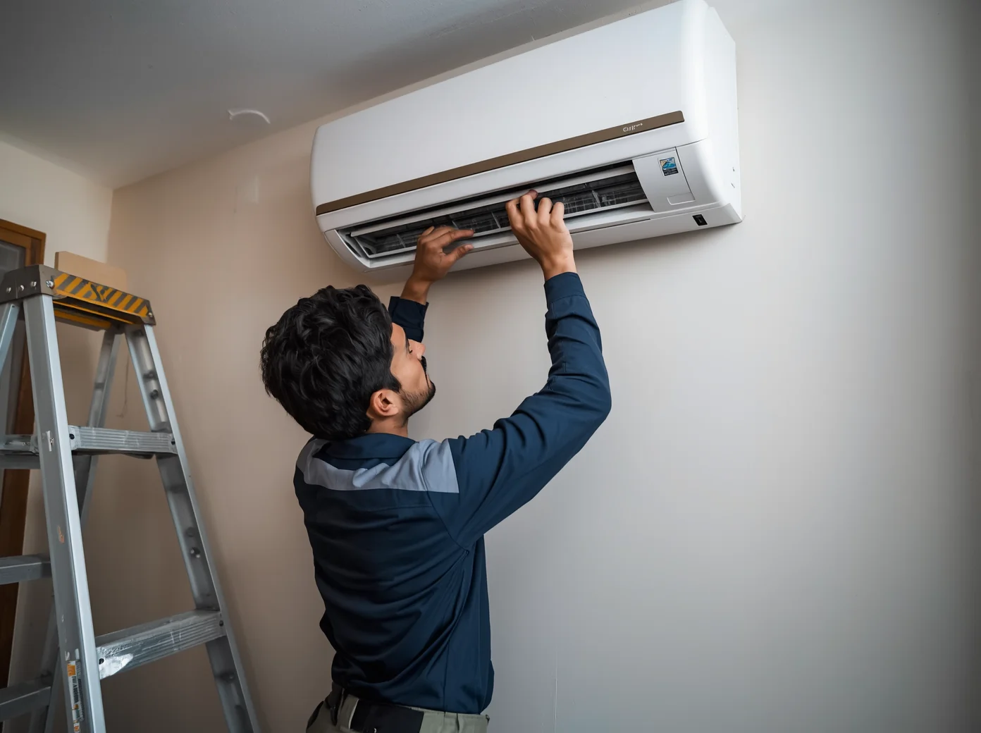 Certified AC repair technician servicing a split AC unit in Dhaka — Reliable AC Service Ltd.