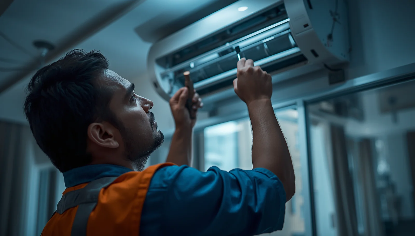 AC repair in Dhanmondi – Reliable AC Service Ltd. technician servicing a split AC at a Dhanmondi home