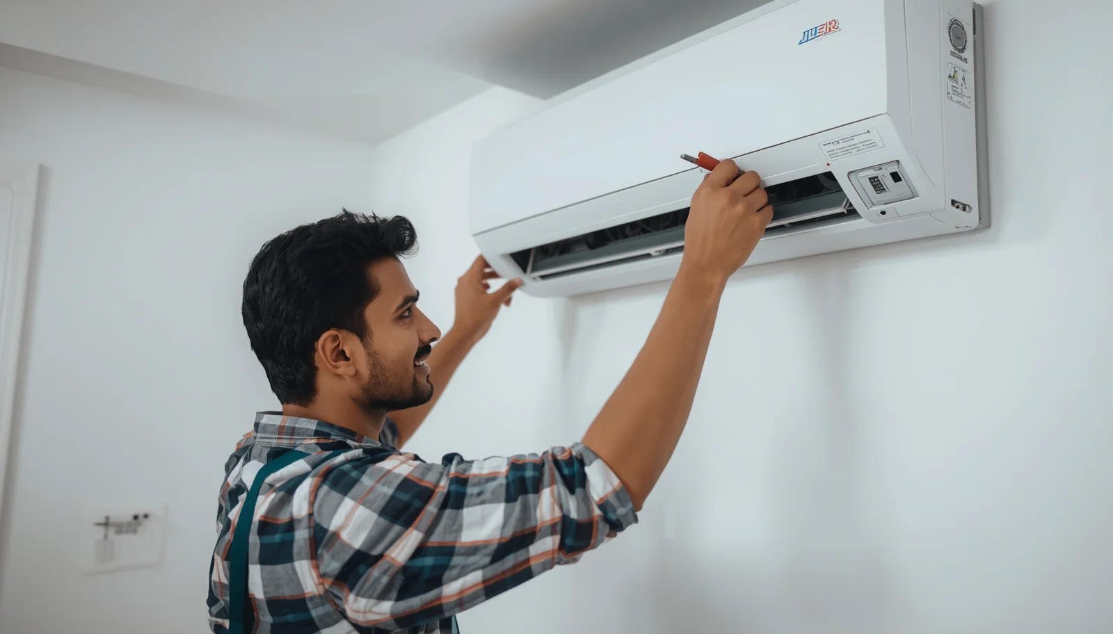AC technician repairing split air conditioner in Mohammadpur, Dhaka
