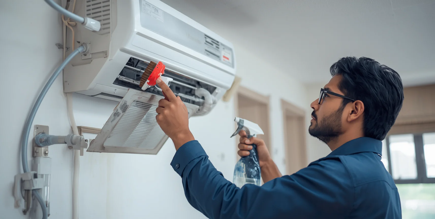 Technician deep cleaning split AC filter in Dhaka apartment