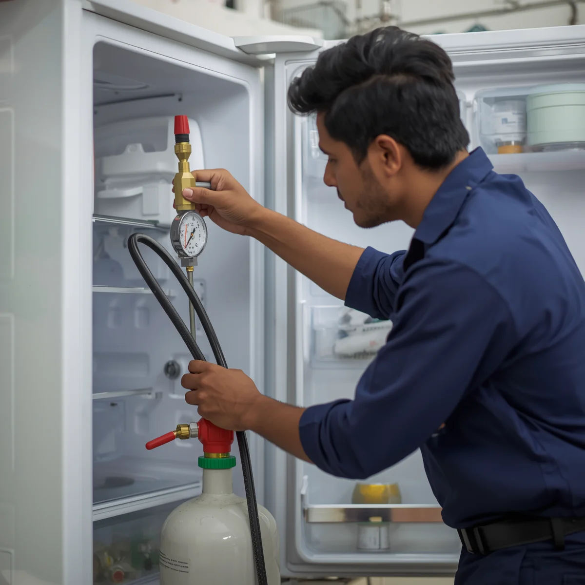 Technician performing fridge gas refill service in Dhaka at customer's home