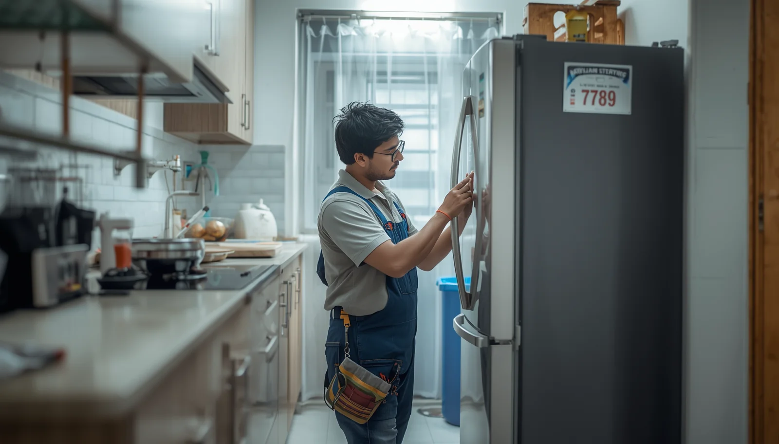 Reliable AC Service Ltd. technician repairing refrigerator at customer home in Dhaka