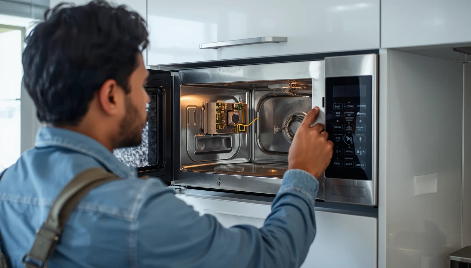 Technician repairing a microwave oven at a home in Dhaka