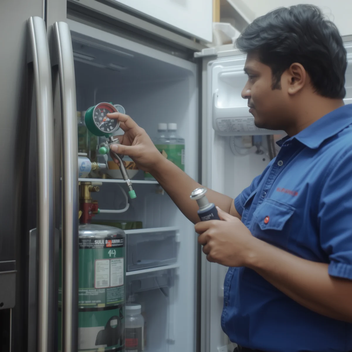 Certified technician checking refrigerant type before fridge gas refill in Dhaka