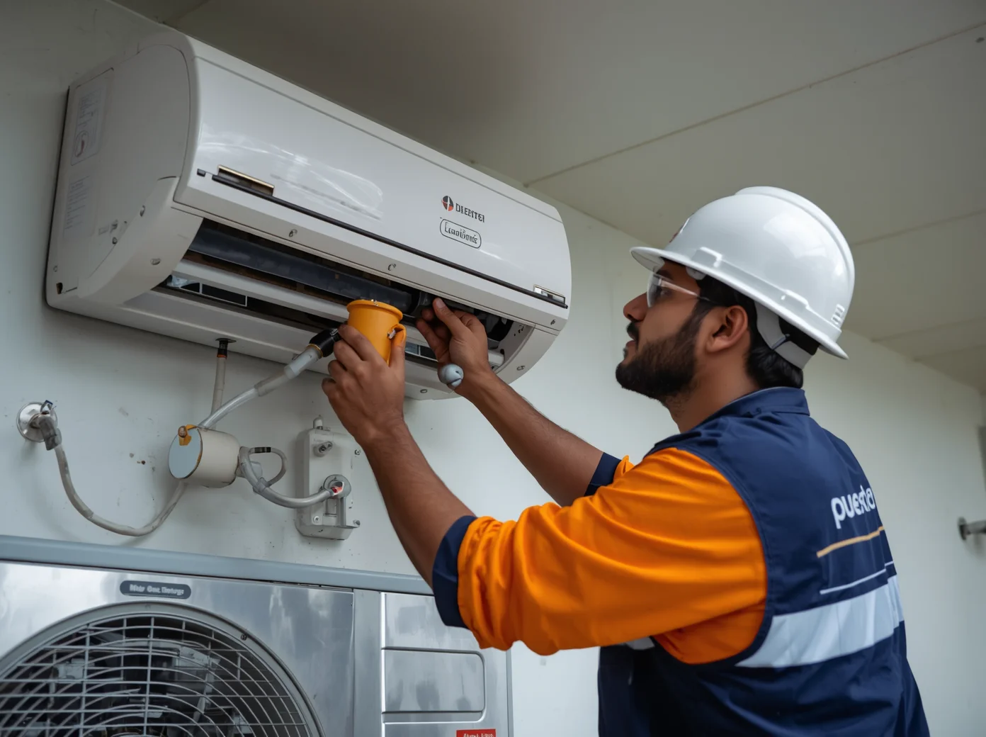 Reliable AC Service Ltd. certified technician performing gas refill on a split AC unit in Dhaka home