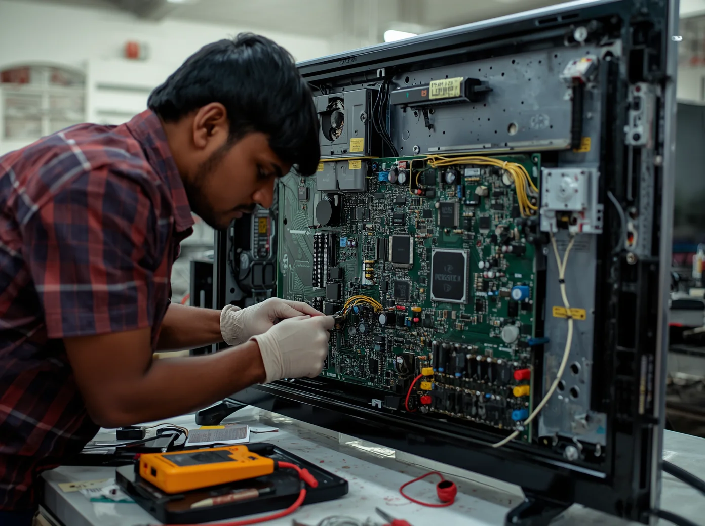 Reliable AC Service Ltd. technician repairing a smart LED TV at a customer's home in Dhaka