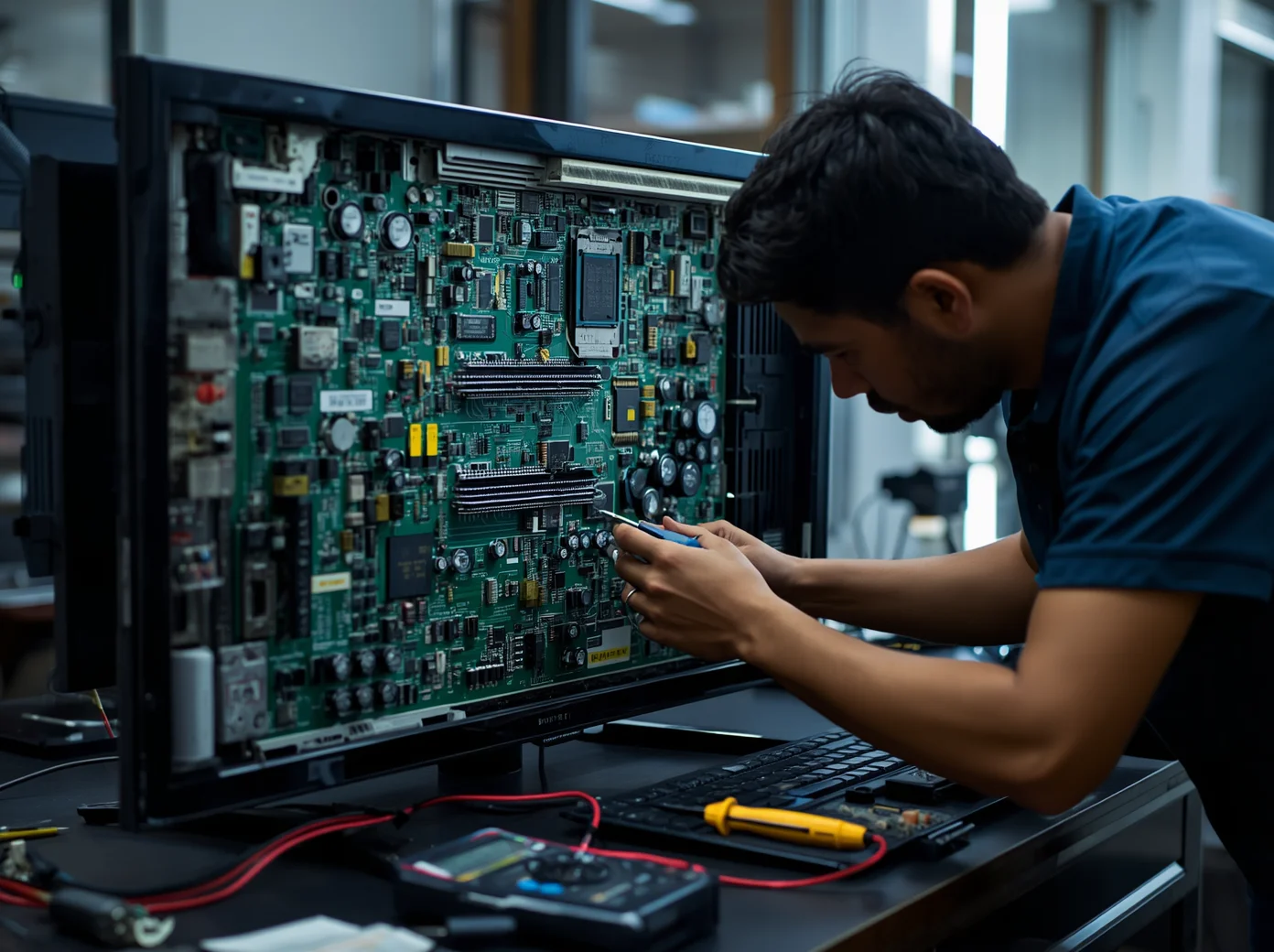 Certified technician diagnosing an LED TV circuit board in Dhaka